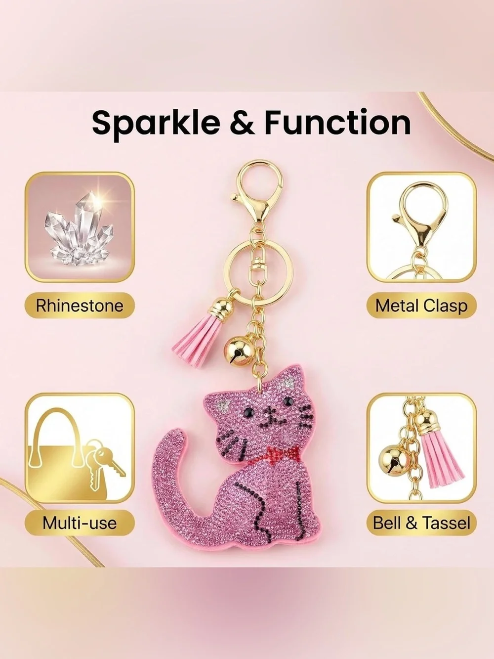 Pink Crystal Cat Keychain Charm with Tassel -